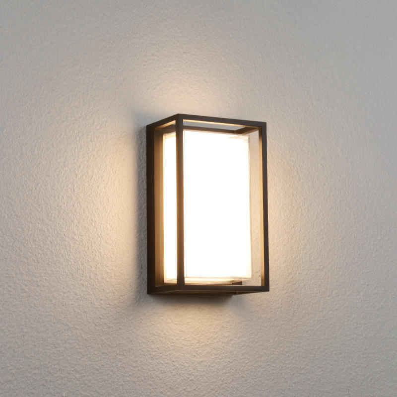 Aplique de pared exterior moderno con marco geométrico, estructura rectangular negra con panel central luminoso, negro, blanco y gris, HTD-EW4426-2 4