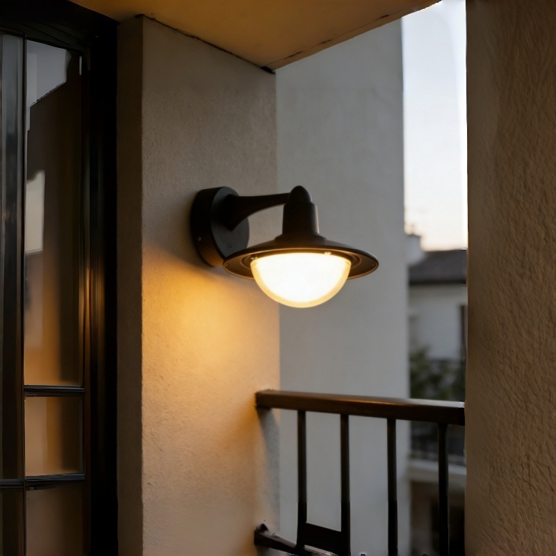 Lámpara de pared exterior clásica tipo farol, pantalla negra escalonada con efecto de brillo semiesférico, colores negro, blanco y gris, HTD-EW2503 1