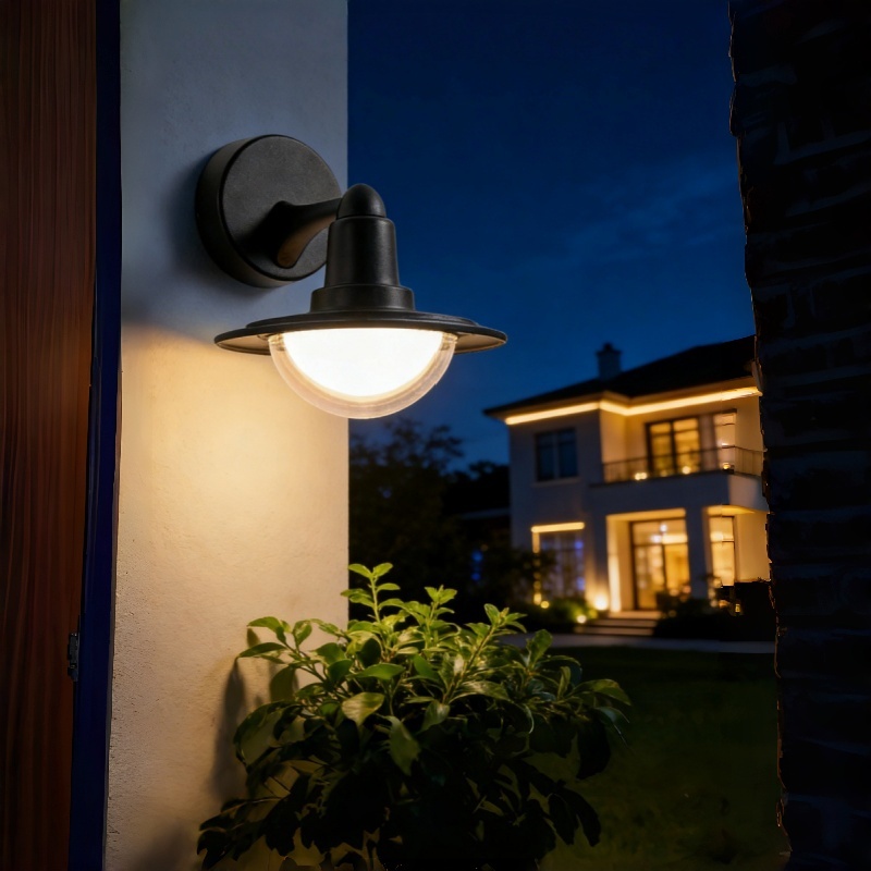 Lámpara de pared exterior clásica tipo farol, pantalla negra escalonada con efecto de brillo semiesférico, colores negro, blanco y gris, HTD-EW2503 2