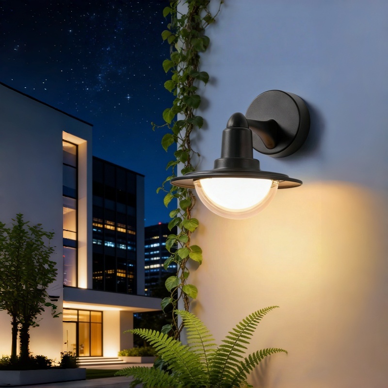 Lámpara de pared exterior clásica tipo farol, pantalla negra escalonada con efecto de brillo semiesférico, colores negro, blanco y gris, HTD-EW2503 3