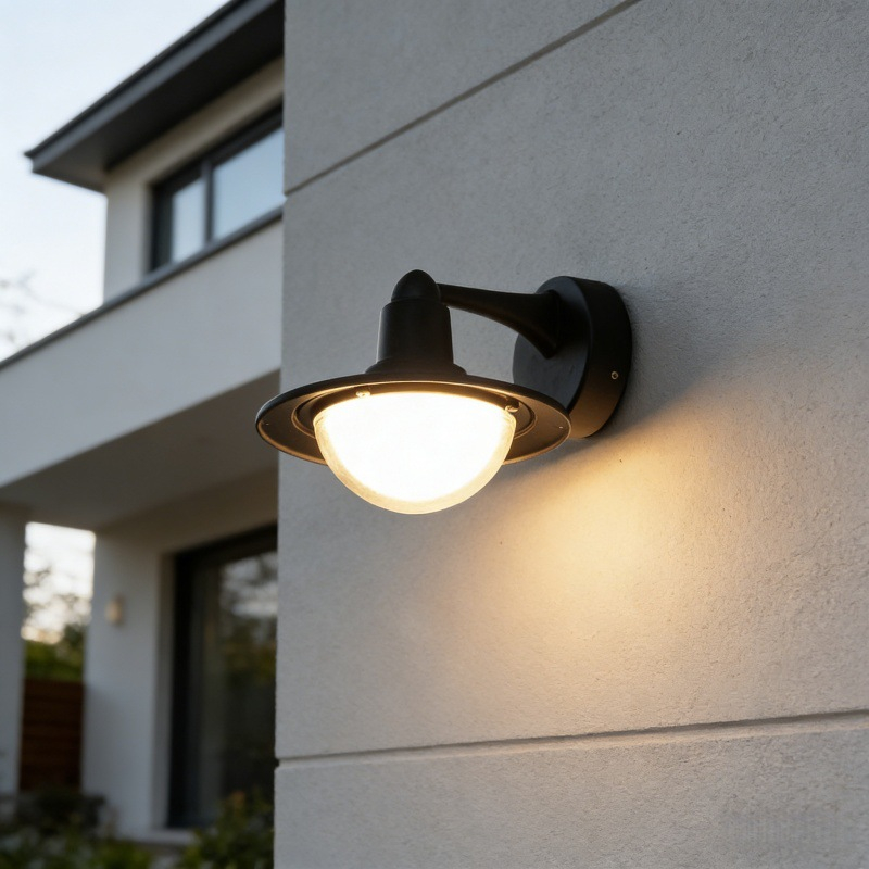 Lámpara de pared exterior clásica tipo farol, pantalla negra escalonada con efecto de brillo semiesférico, colores negro, blanco y gris, HTD-EW2503 6