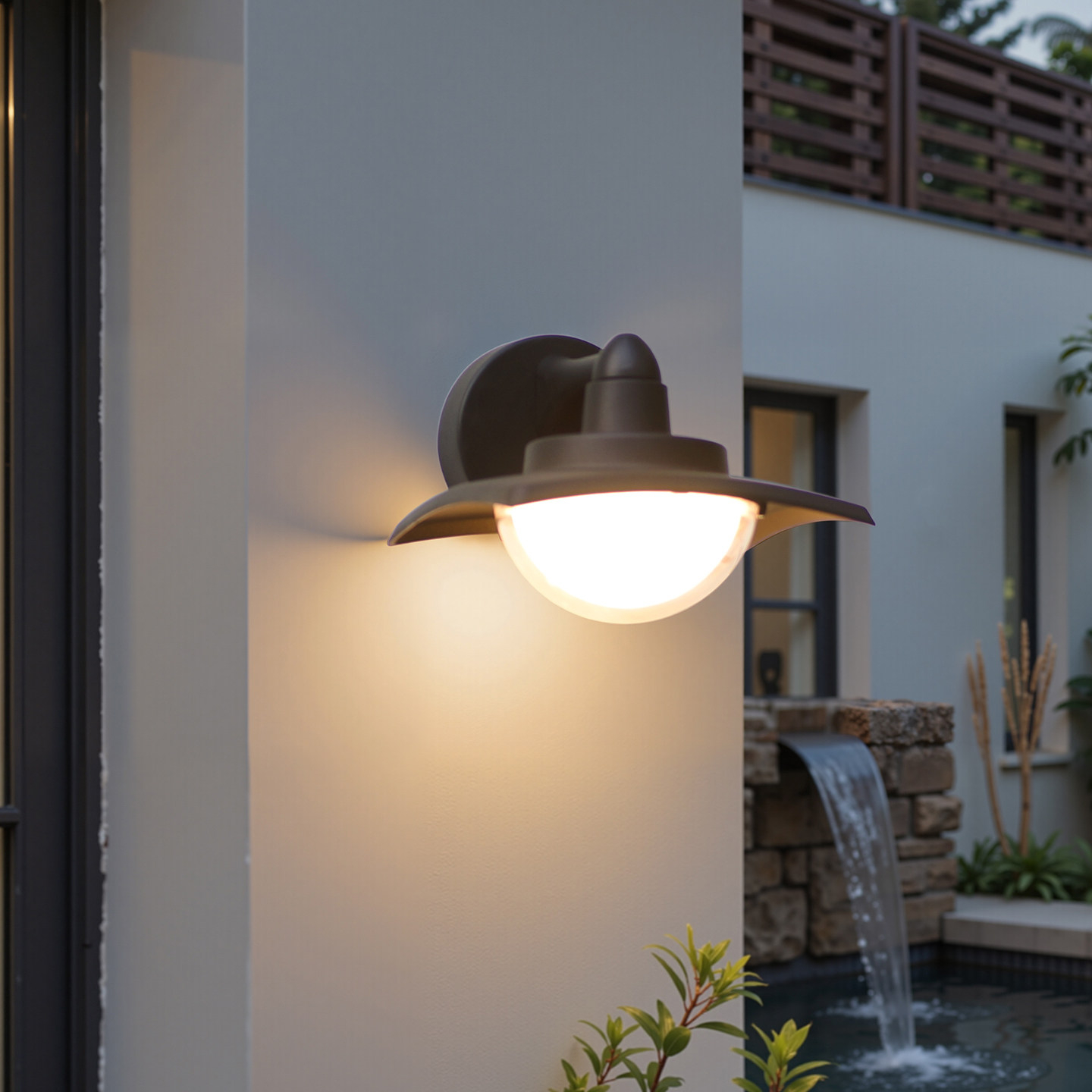Modern Wide-Brim Outdoor Wall Light, Black Hat-Shade with Half-Sphere Glow, Black White Grey, HTD-EW5605 2