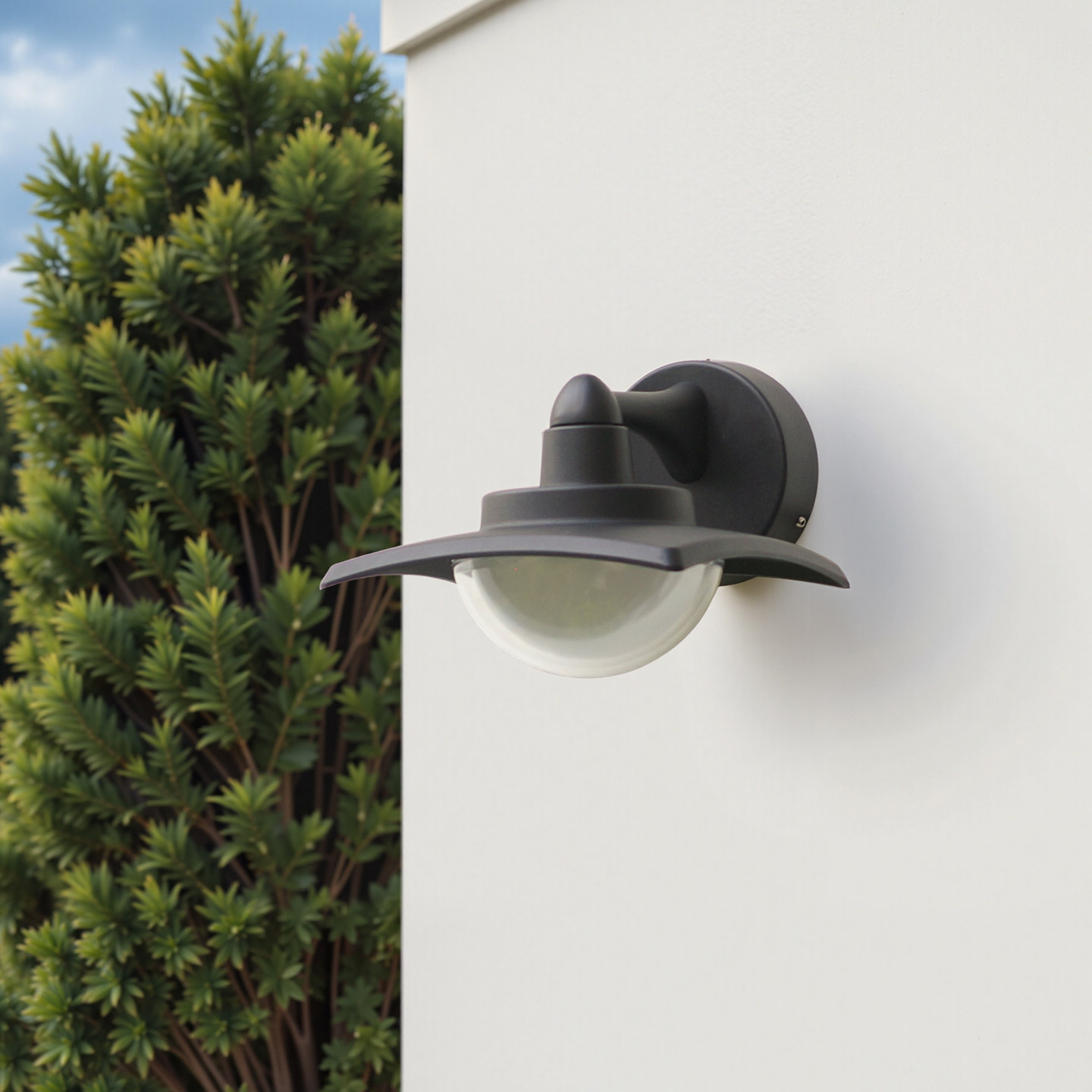 Modern Wide-Brim Outdoor Wall Light, Black Hat-Shade with Half-Sphere Glow, Black White Grey, HTD-EW5605 5