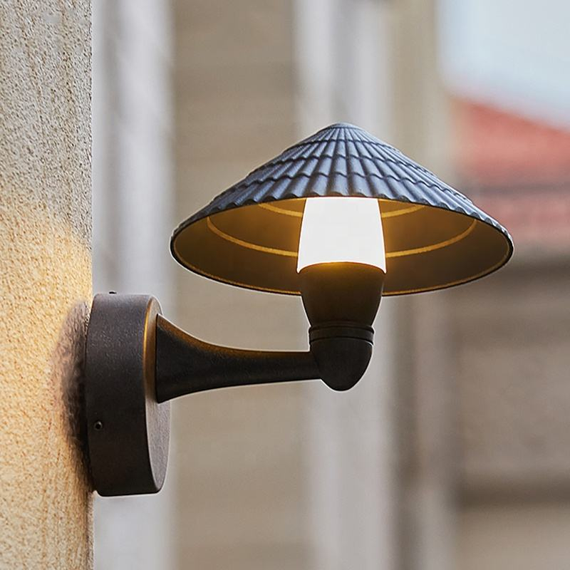 Aplique de pared exterior moderno con forma de cono, pantalla texturizada negra con luz descendente, negro, blanco y gris, HTD-EW2504 2