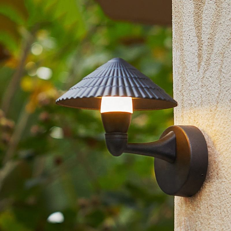 Aplique de pared exterior moderno con forma de cono, pantalla texturizada negra con luz descendente, negro, blanco y gris, HTD-EW2504 1