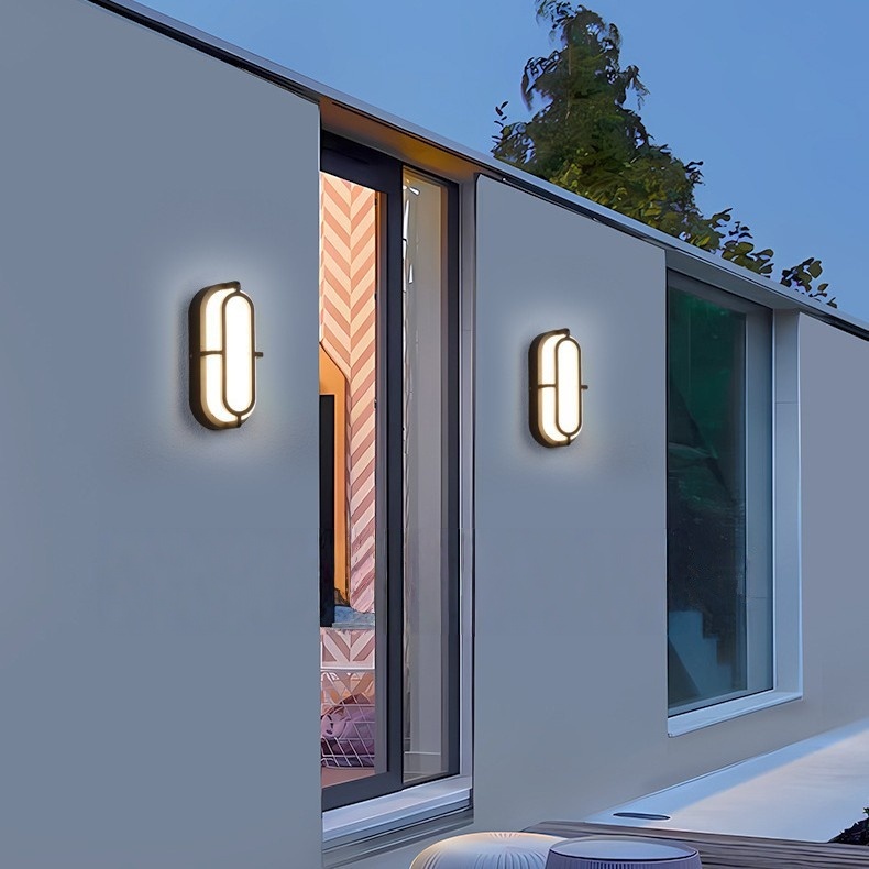 Applique murale extérieure ovale allongée moderne, cadre capsule noir avec panneau lumineux segmenté, noir, blanc et gris, HTD-EW4211-1 2