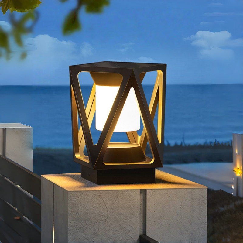 Lámpara de pilar geométrica moderna, marco cuadrado en V negro con luz cilíndrica, portalámparas E27, negro, blanco y gris, HTD-EGD4701-4 1