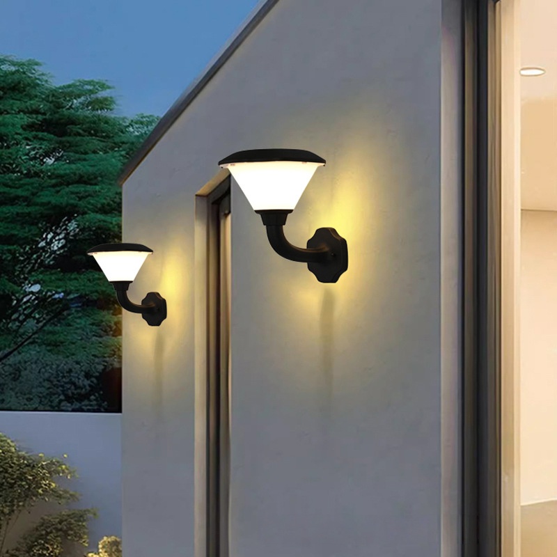 Classic Cone Outdoor Wall Light, Black Curved Arm with Hexagonal Base and Glowing Shade, Black White Grey, HTD-EW4763 1
