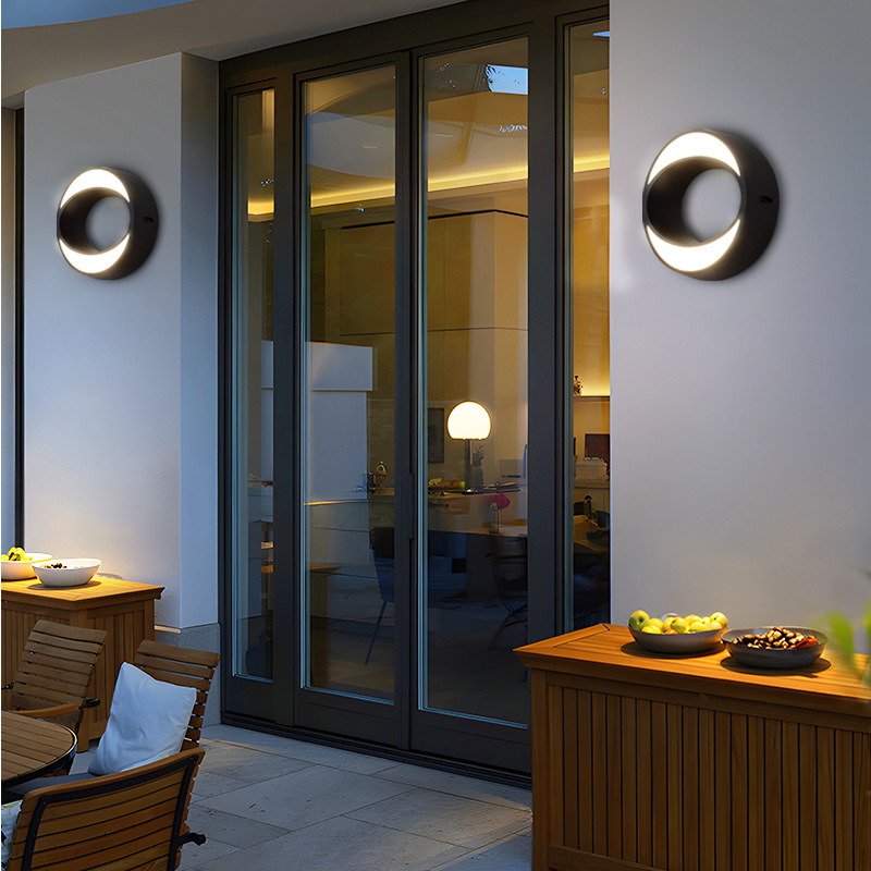 Aplique de pared exterior moderno con forma de media luna, círculo negro con doble arco luminoso, negro, blanco y gris, HTD-EW4114 2