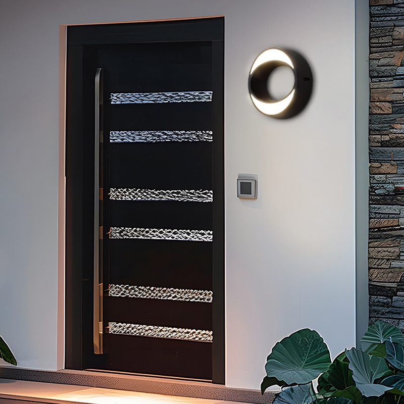 Aplique de pared exterior moderno con forma de media luna, círculo negro con doble arco luminoso, negro, blanco y gris, HTD-EW4114 1