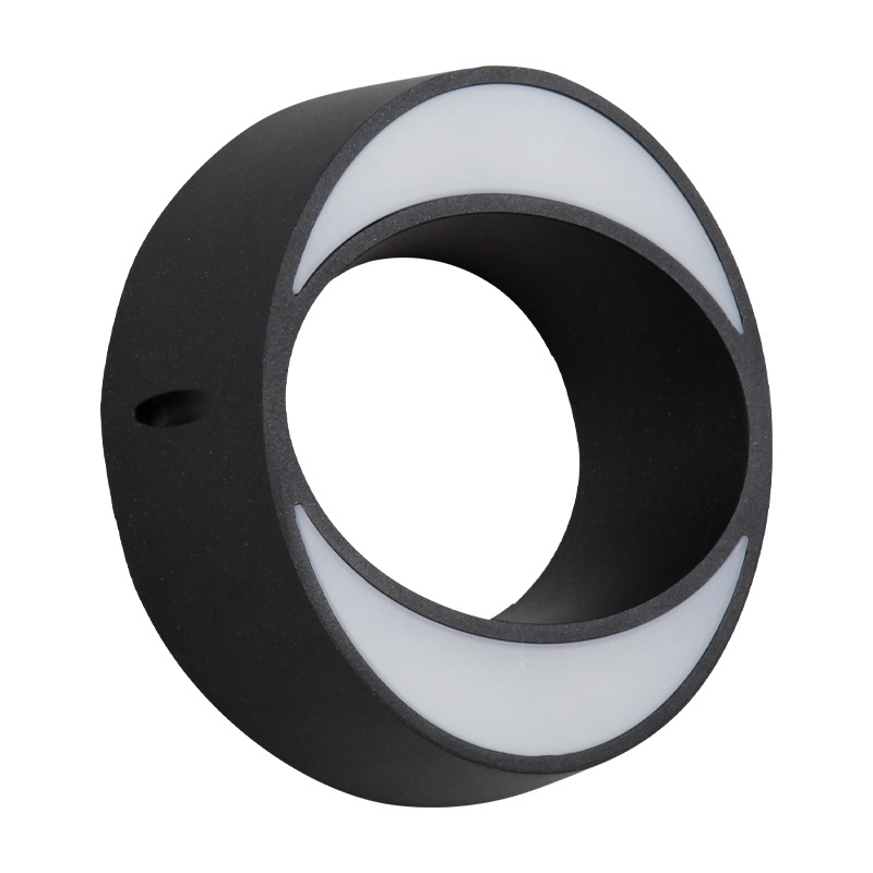 Aplique de pared exterior moderno con forma de media luna, círculo negro con doble arco luminoso, negro, blanco y gris, HTD-EW4114 3
