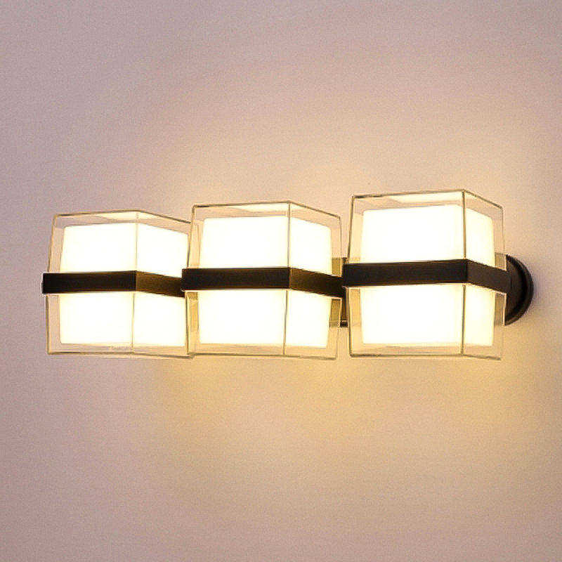 Applique murale extérieure moderne en forme de cube de verre, abat-jour transparent avec bande centrale noire, disponible en versions 1, 2 ou 3 têtes, noir, blanc, gris, HTD-EW4431 1