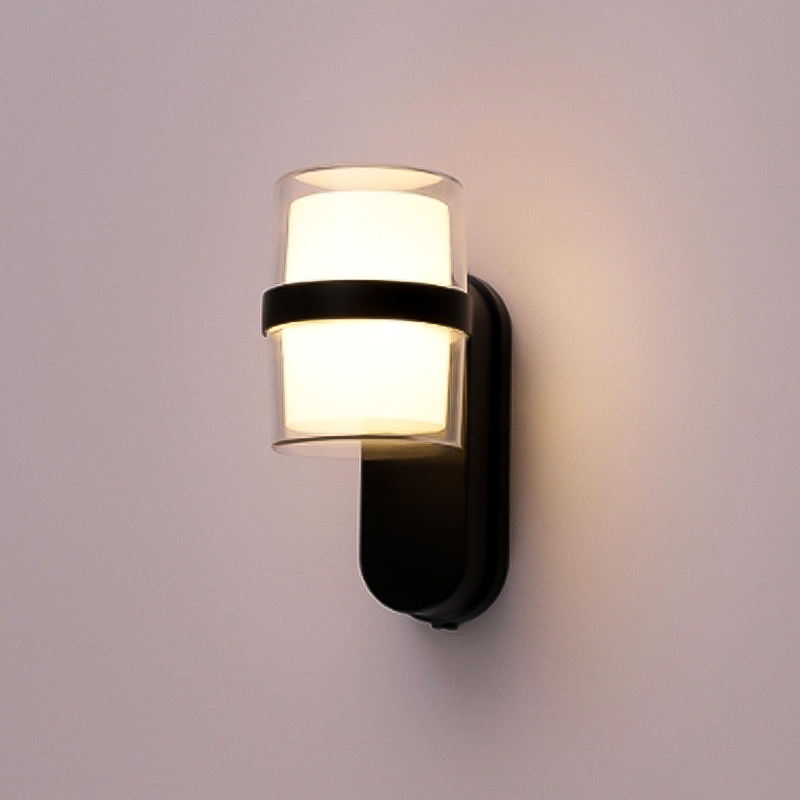 Modern Glass Cylinder Outdoor Wall Light, Clear Tube Shade with Black Band and Oval Base, Black White Grey, HTD-EW4631 1