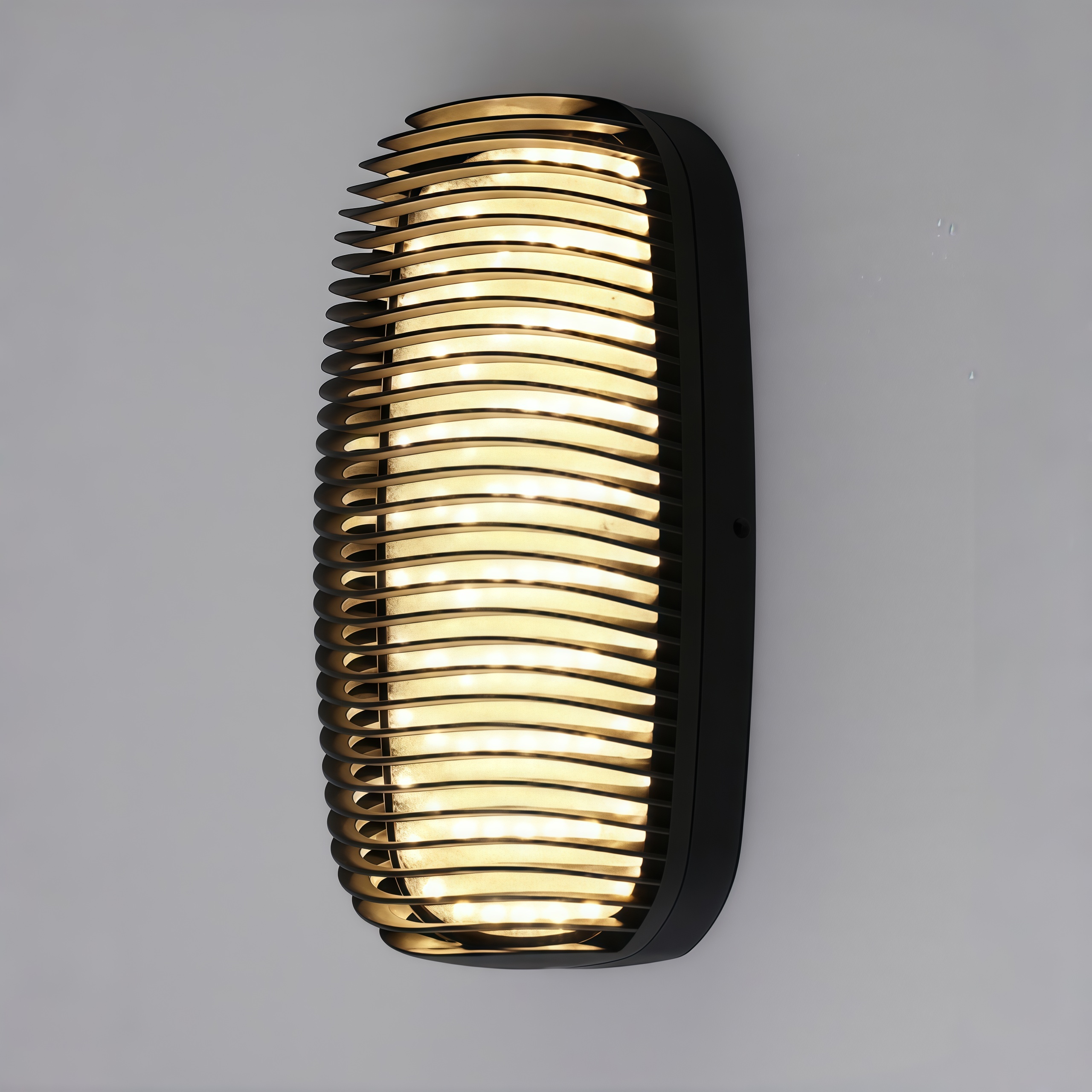 Modern Ribbed Glass Outdoor Wall Light, Black Capsule Body with Horizontal Stripes and Warm Glow, Black White Grey, HTD-EW5606 2