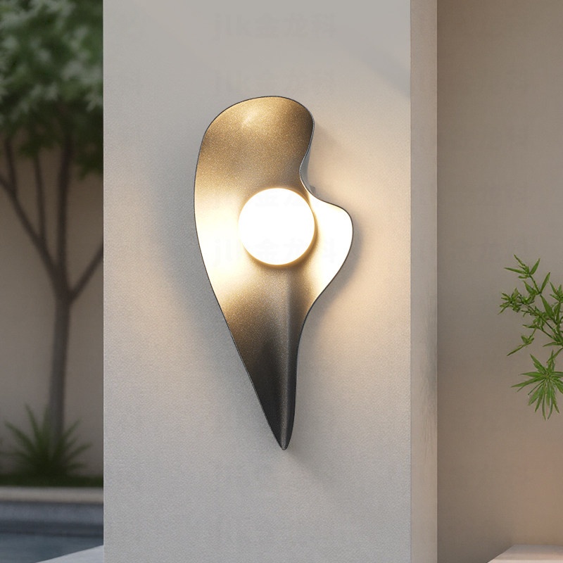 Modern Flame-Shaped Outdoor Wall Light, Black Abstract Body with Central Circular Glow, Black White Grey, HTD-EW5608 2