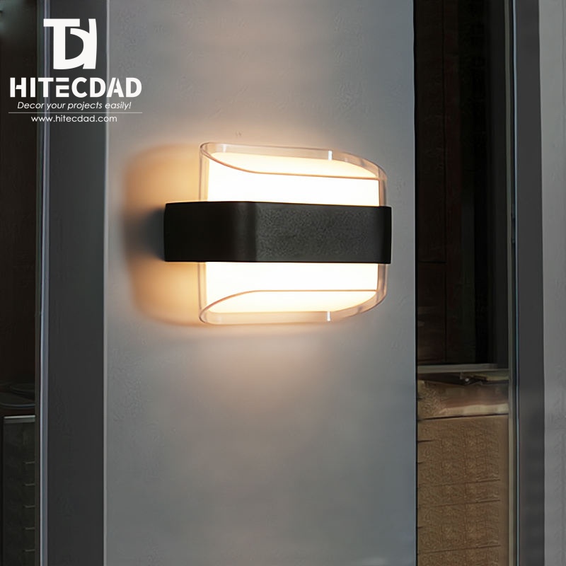Applique murale extérieure moderne en forme de cube de verre, abat-jour transparent avec bande noire et éclairage indirect, noir, blanc, gris, HTD-EW4434 2