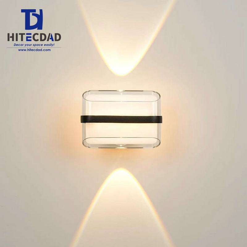 Applique murale extérieure moderne en forme de cube de verre, abat-jour transparent avec bande noire et éclairage indirect, noir, blanc, gris, HTD-EW4434 1