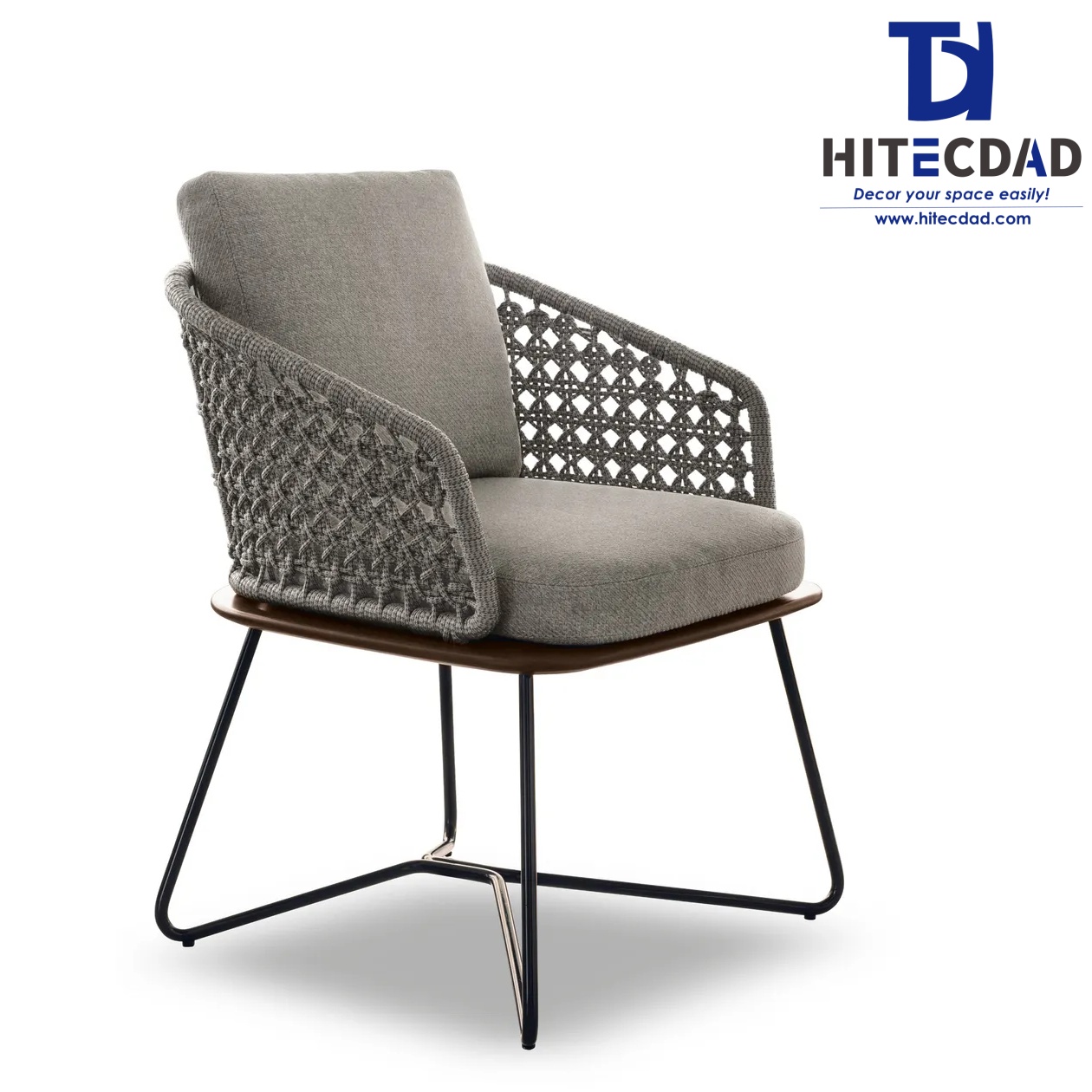 Sillón de patio de estilo nórdico, color gris con tejido de rombos, silla de comedor para exteriores con cojín y base de metal negro HTD-OF1009A 1