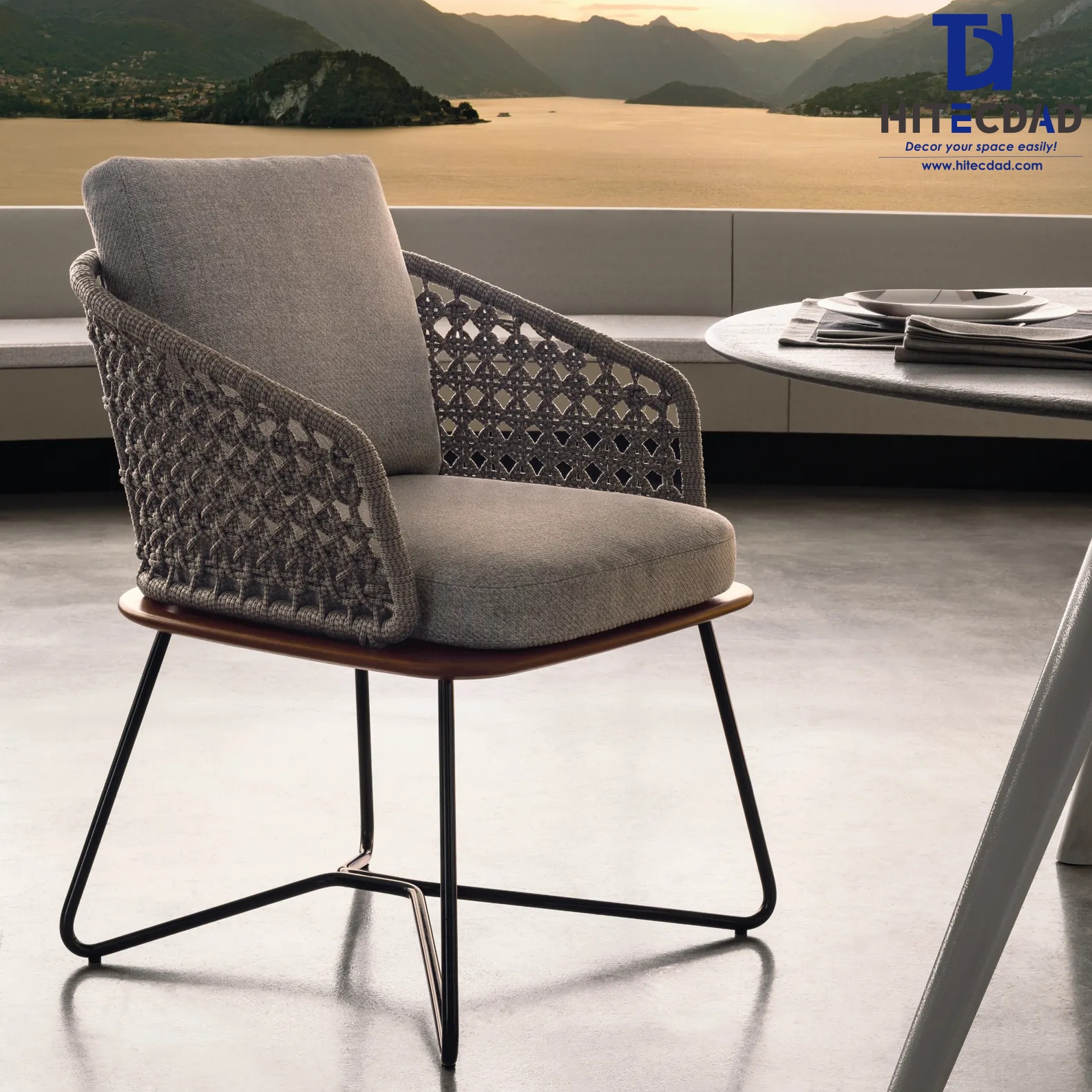 Sillón de patio de estilo nórdico, color gris con tejido de rombos, silla de comedor para exteriores con cojín y base de metal negro HTD-OF1009A 2
