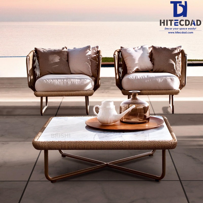 Sillón de exterior de tejido de cuerda color beige natural con estructura de metal gris y cojín blanco HTD-OF1002A 2