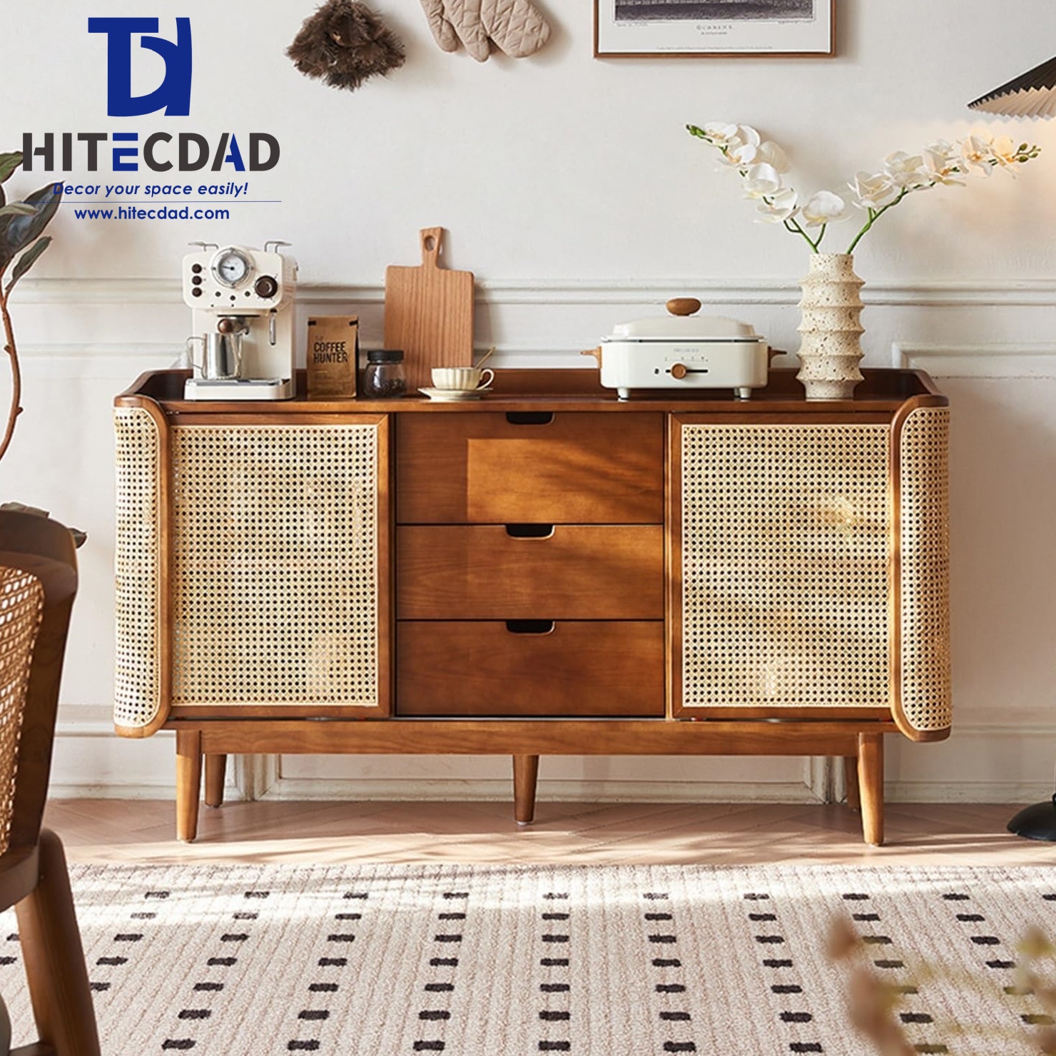 Buffet en rotin et bois de frêne blanc avec 2 portes et 3 tiroirs, meuble de rangement incurvé de style milieu du siècle pour salle à manger ou salon HTD-F504 1