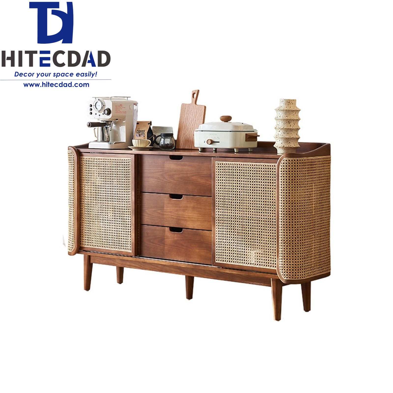 Buffet en rotin et bois de frêne blanc avec 2 portes et 3 tiroirs, meuble de rangement incurvé de style milieu du siècle pour salle à manger ou salon HTD-F504 2
