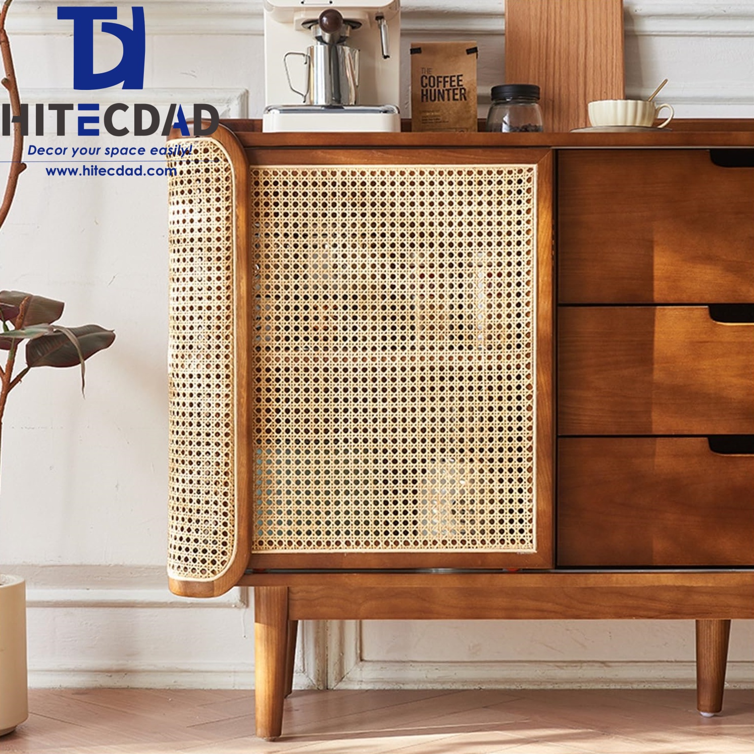 Buffet en rotin et bois de frêne blanc avec 2 portes et 3 tiroirs, meuble de rangement incurvé de style milieu du siècle pour salle à manger ou salon HTD-F504 6