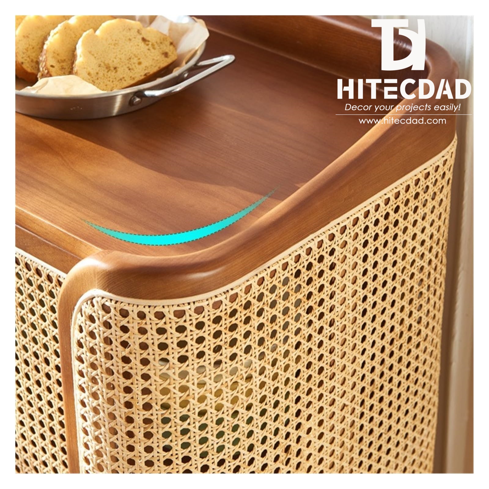 Buffet en rotin et bois de frêne blanc avec 2 portes et 3 tiroirs, meuble de rangement incurvé de style milieu du siècle pour salle à manger ou salon HTD-F504 4