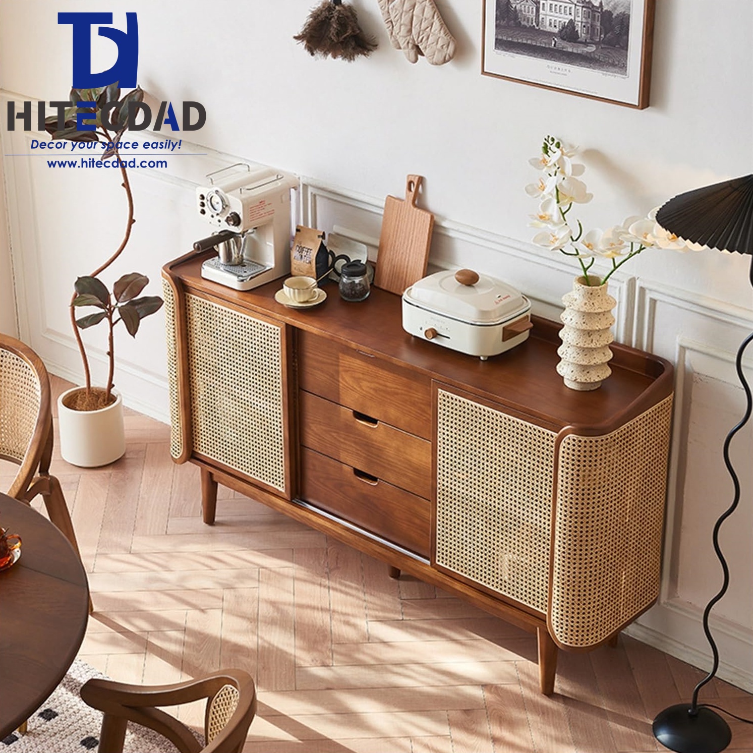 Buffet en rotin et bois de frêne blanc avec 2 portes et 3 tiroirs, meuble de rangement incurvé de style milieu du siècle pour salle à manger ou salon HTD-F504 3