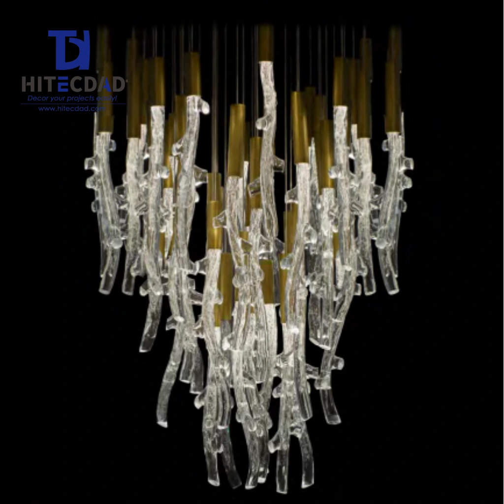 Lustre moderne de luxe en verre doré et transparent fait main, avec une texture irrégulière et un tube en cuivre décoratif. 1