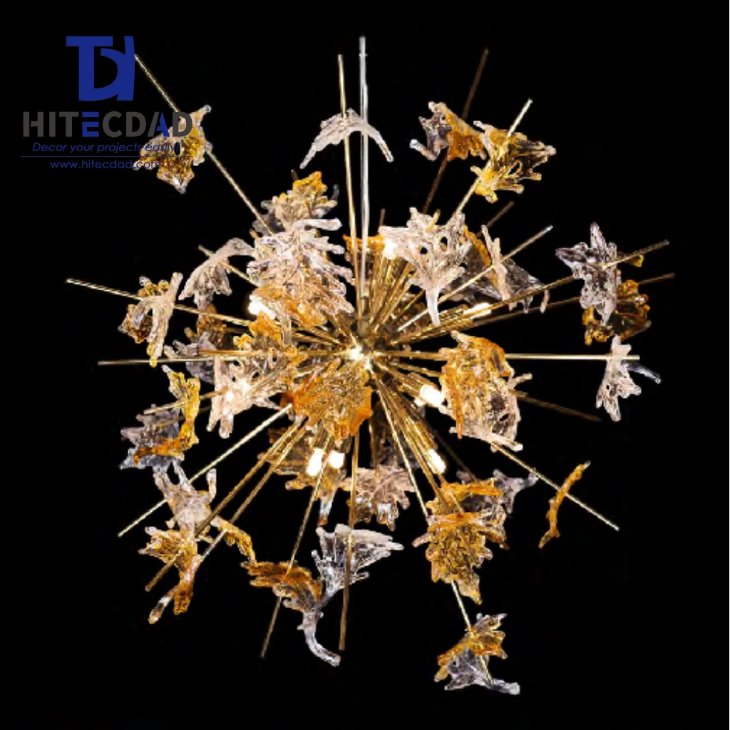 Lustre moderne de luxe en verre soufflé à la main, effet étoile, lumière dorée rayonnante évoquant un feu d'artifice, idéal pour un hôtel, une villa ou un salon. 1