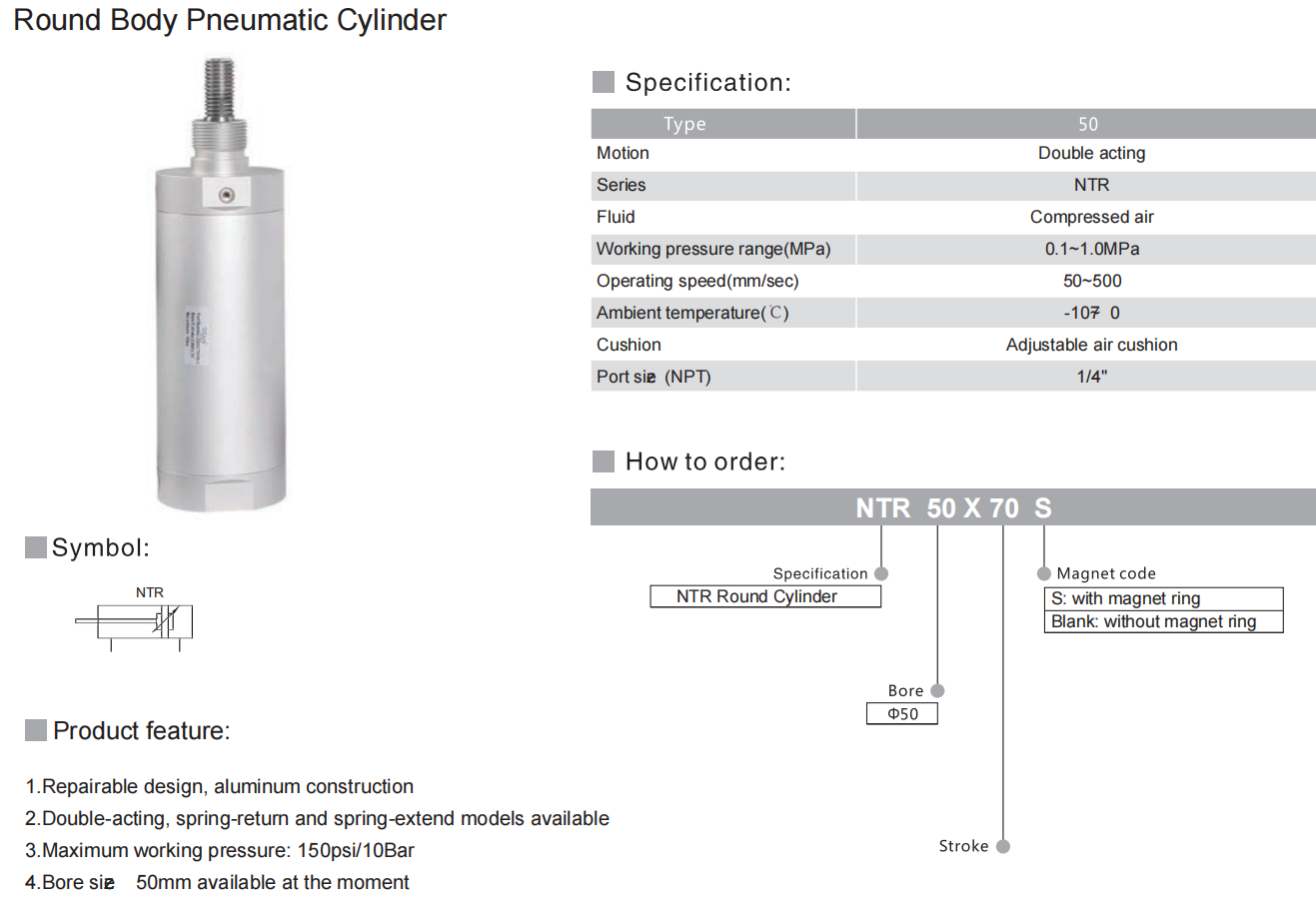Quality Round Body Pneumatic Cylinder NTR Manufacturer | NTA 2