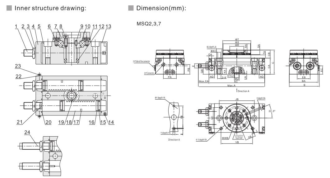 Actuadores de aire giratorio de ángulo ajustable NTA MSQ Instalar en espacios apretados 6