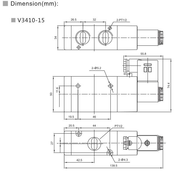 Válvula de control direccional neumática de la serie V3400 3/2 6