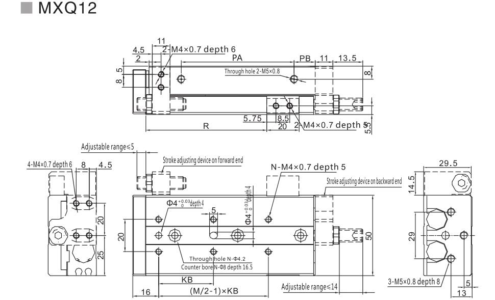 Cilindro pneumático de tabela de slides da série MXQ 16