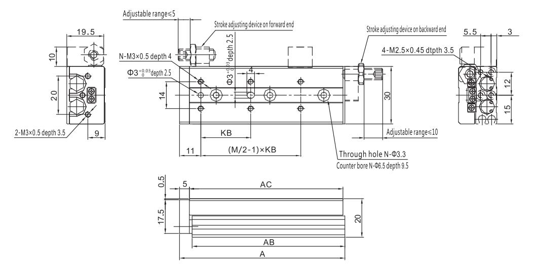 Cilindro pneumático de tabela de slides da série MXQ 7