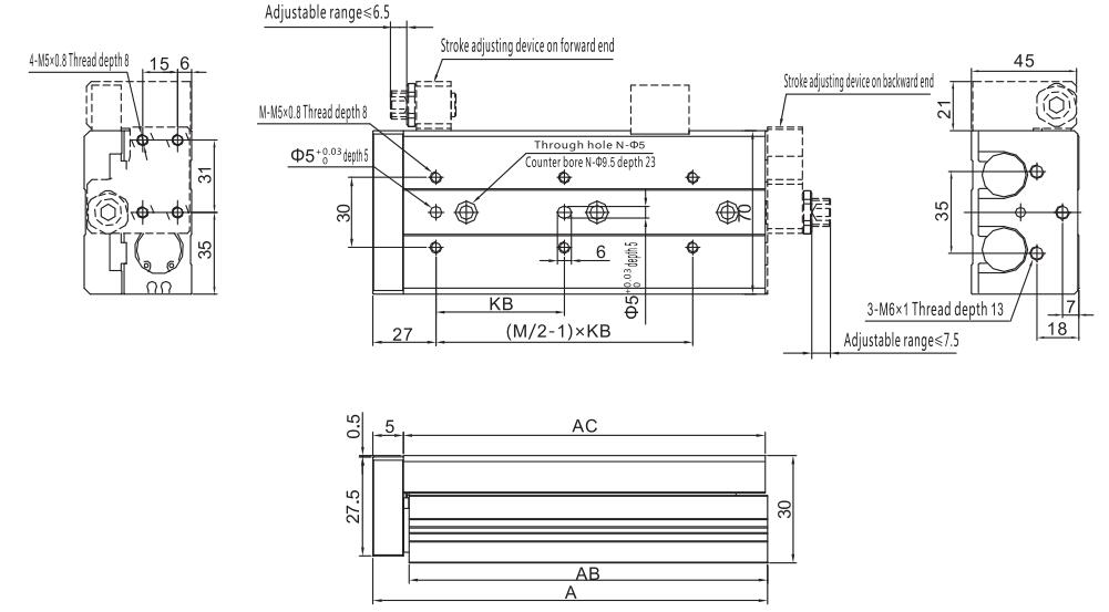 Cilindro pneumático de tabela de slides da série MXQ 27