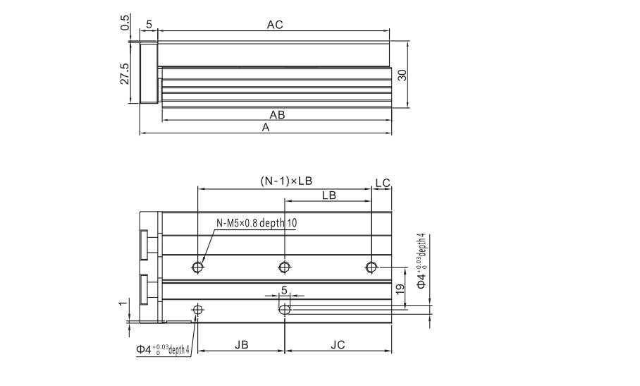 Cilindro pneumático de tabela de slides da série MXQ 15