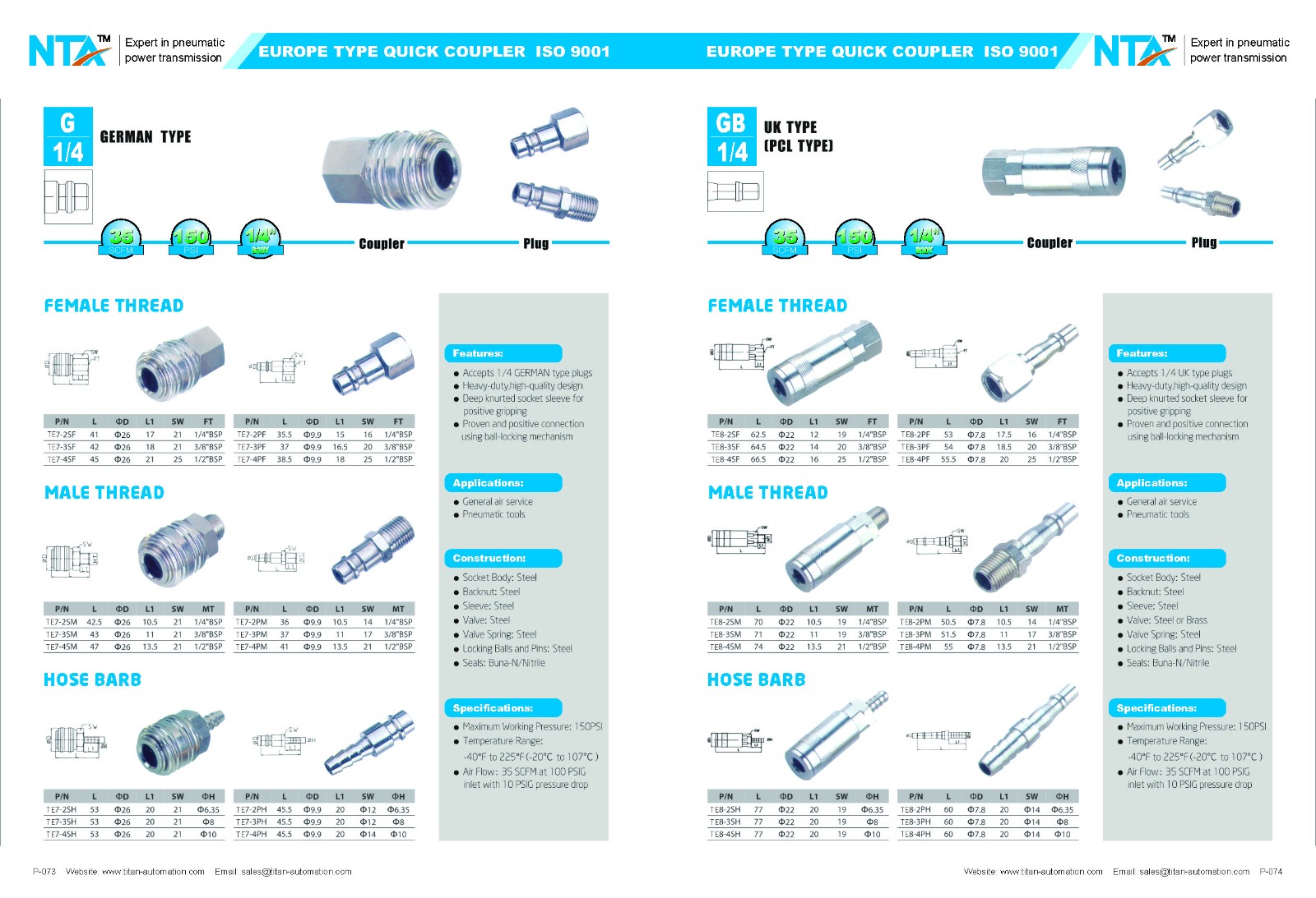 Europa (Storbritannien, tyska, Europa universella, italienska) typ pneumatisk snabbkopplare 6