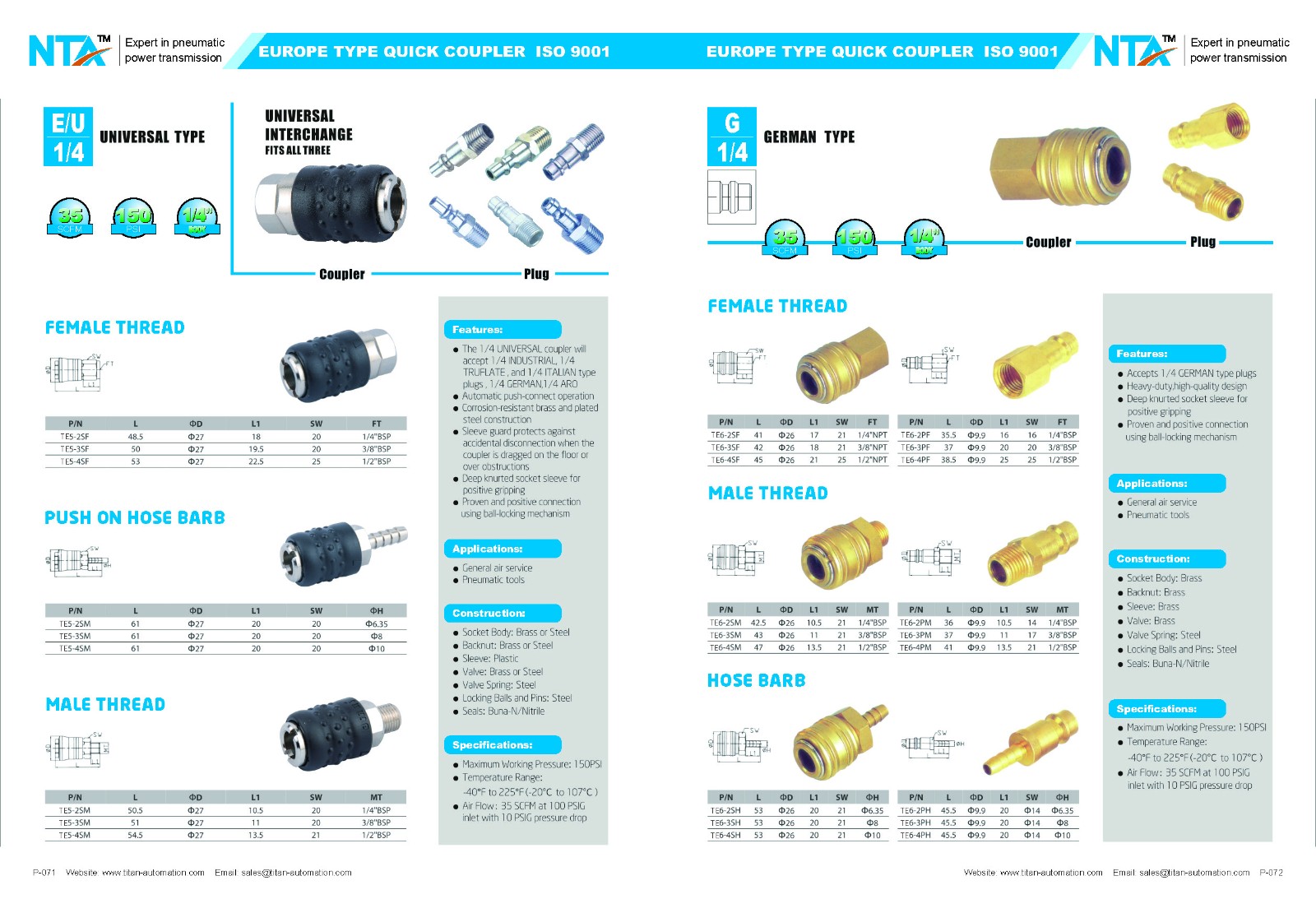 Europa (Storbritannien, tyska, Europa universella, italienska) typ pneumatisk snabbkopplare 5