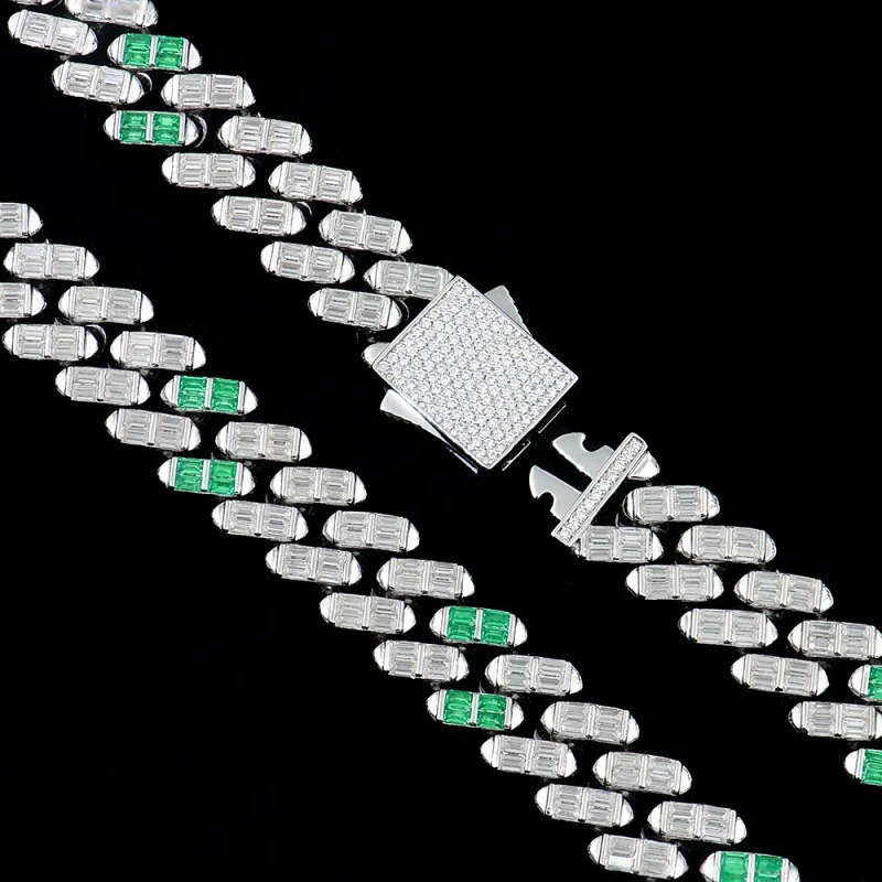 Cuban Link Chain Necklace, 16mm 925 Silver Emerald Cut 1