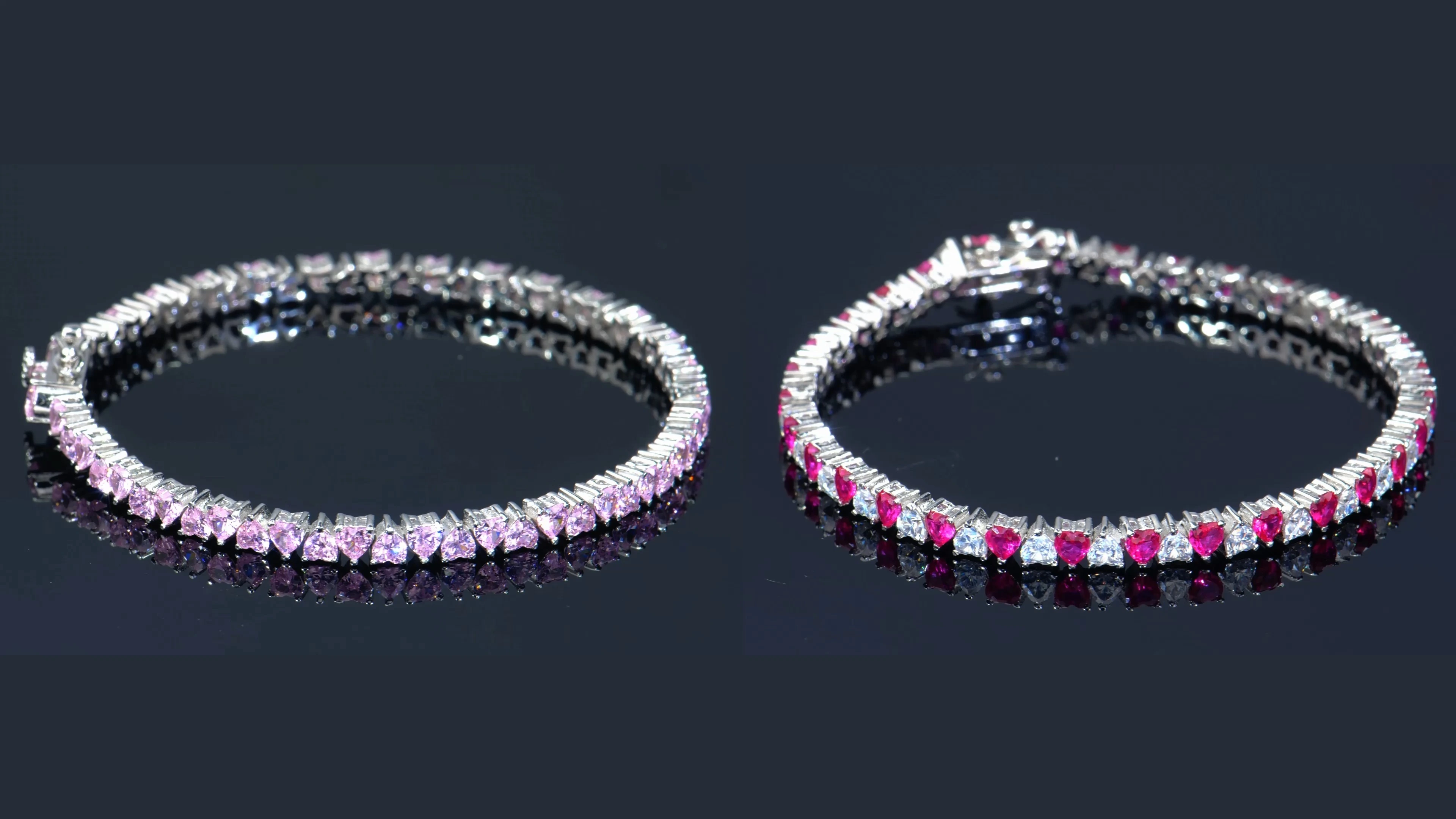 Heart Shaped Tennis Bracelet 925 Silver with Moissanite & Pink Cz & Corundum 1