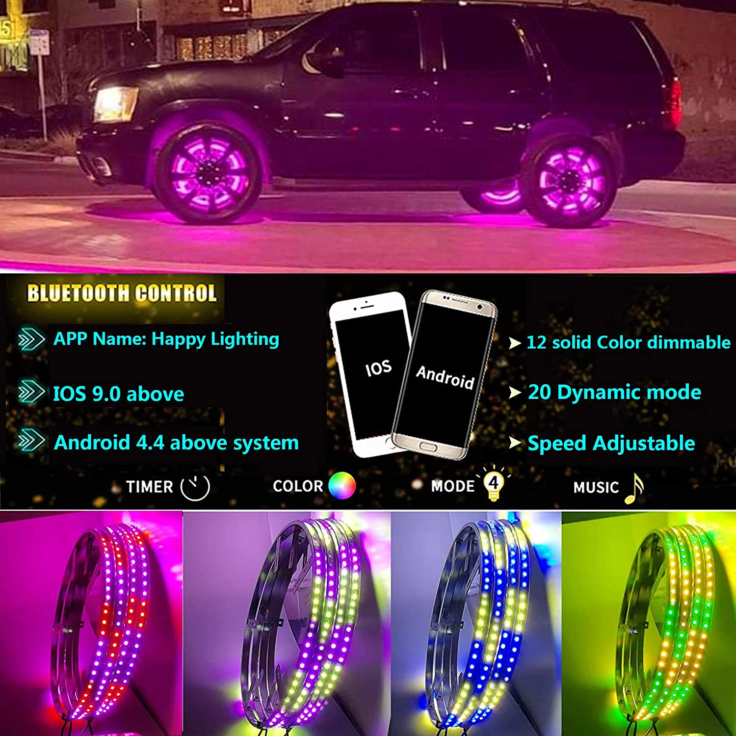Customized 15.5/17inch RGB dream Change Wheel Rim LED Lights Tire Kit IP68 Waterproof 7