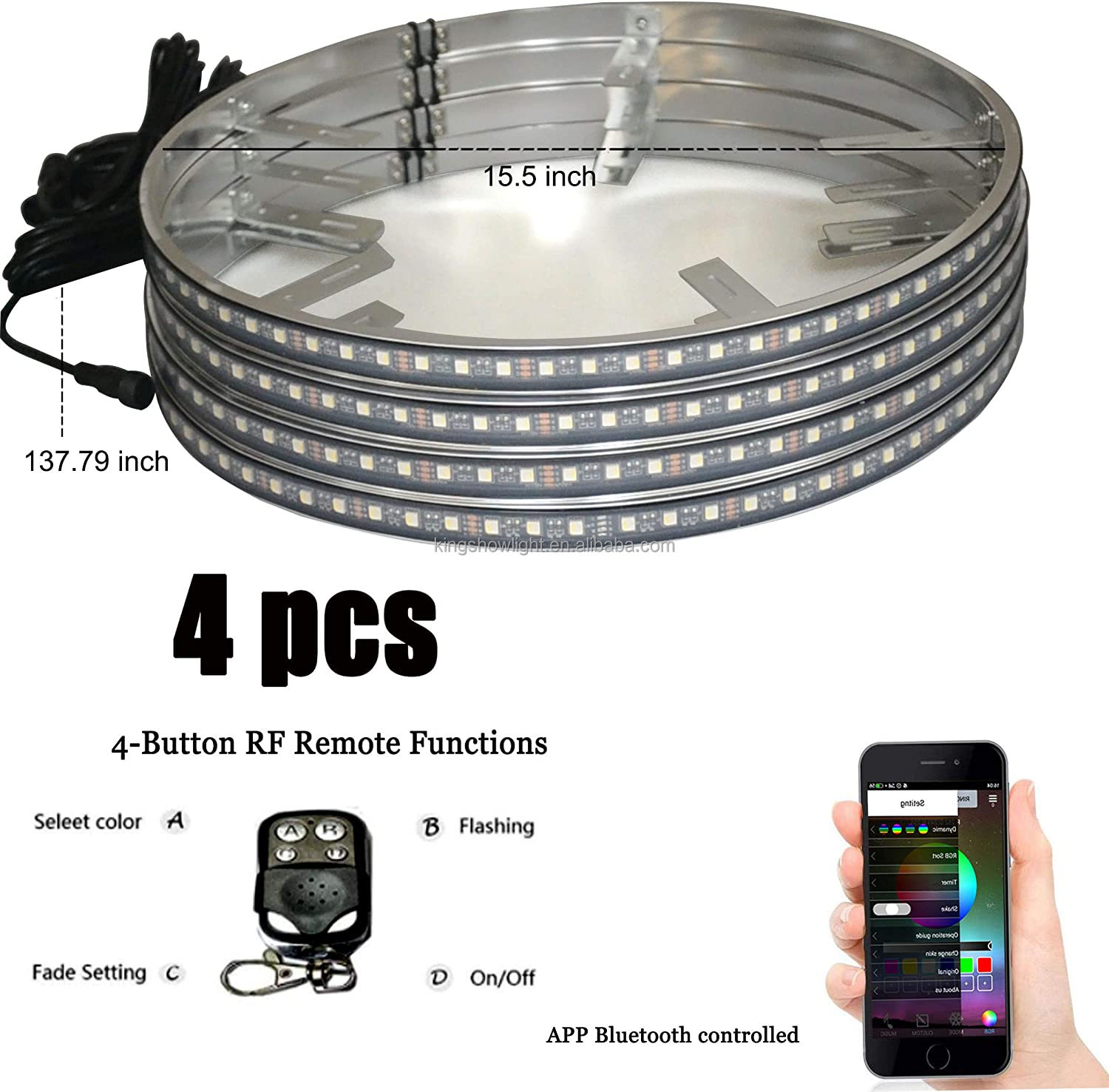 2021 NEWEST 4PC 17inch 624 leds RGBW LED Wheel Rings Rim Light Kit With Smartphone APP For Vehicle 14