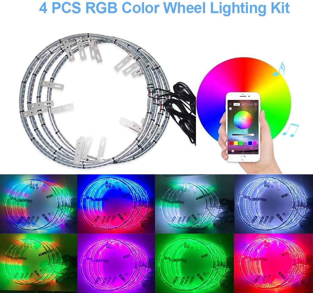 4 PCS 17 inch Car Rim Lights 624 LED RGB Color Chasing Wheel Ring Lights for Cars with blue-tooth controller 8