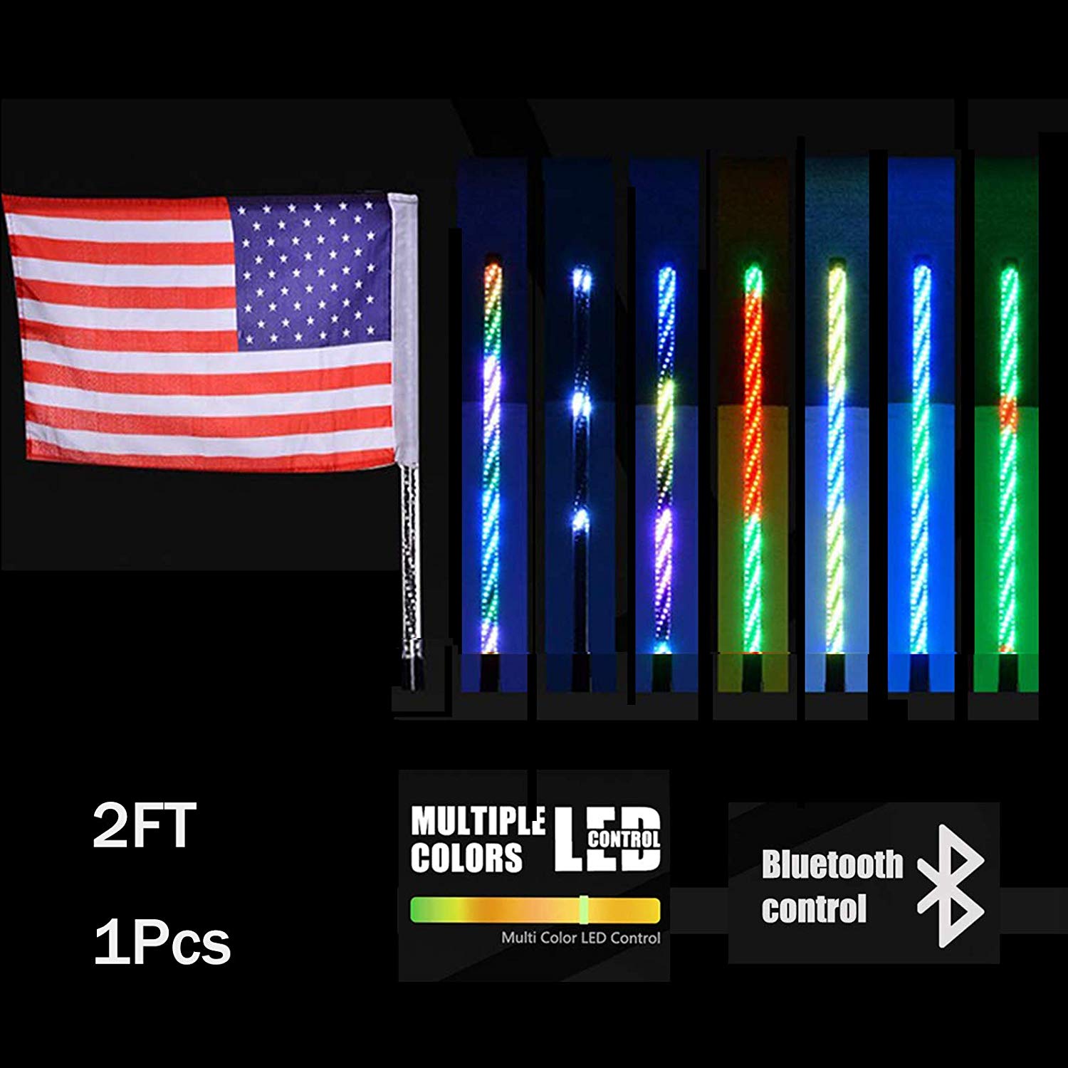 2FT Dancing LED Whip Lights w/Flag 360 degree Twisted for Offroad Polaris RZR UTV ATV Sand Dune Buggy Quad Truck Boat 12
