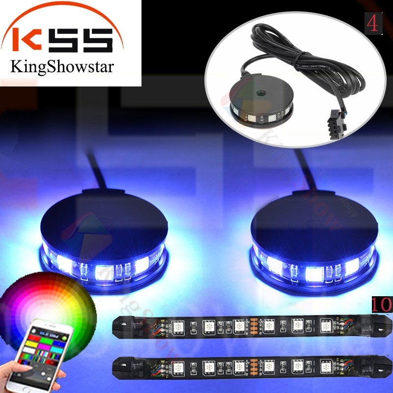 Million Color 12v 10pc strip + 4pc wheel light pod Cellphone app Controller Motorcycle LED Light Kits with music Sync 8