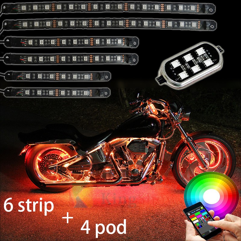 6strips +6pod Motorcycle LED Light Kits Multi-Color Accent Neon Lights Lamp Flexible with Remote Controller for motorcycle 24