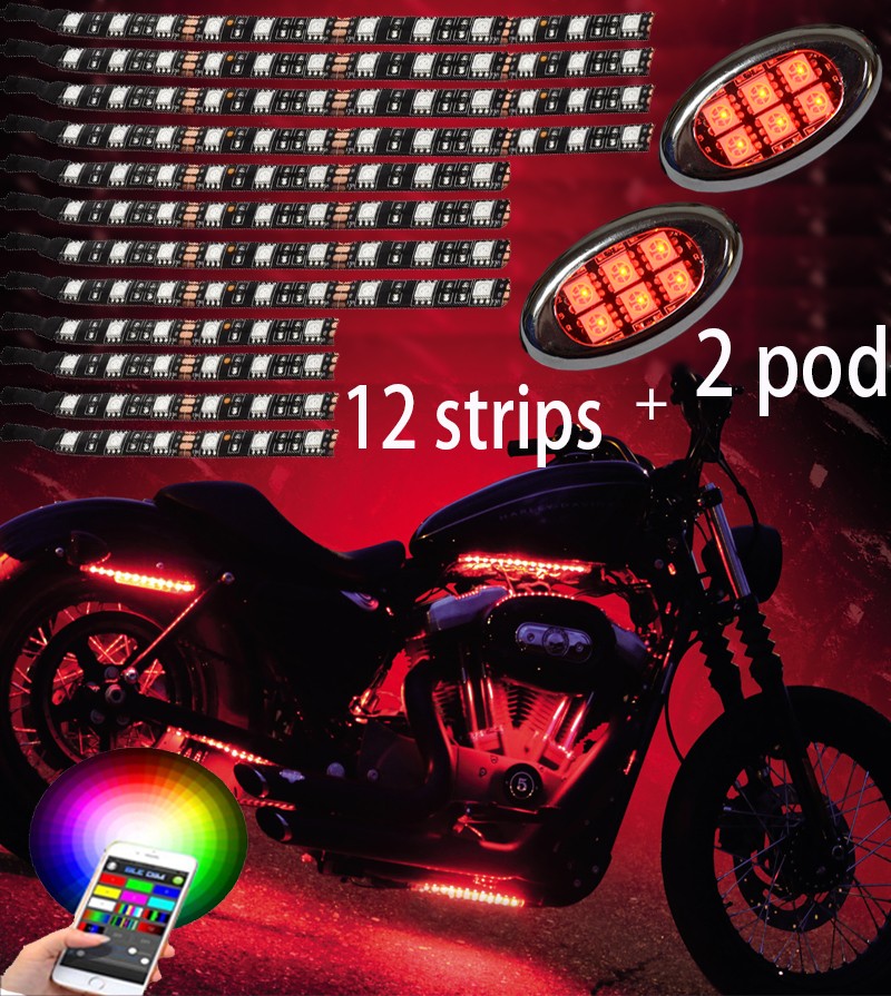 6strips +6pod Motorcycle LED Light Kits Multi-Color Accent Neon Lights Lamp Flexible with Remote Controller for motorcycle 12