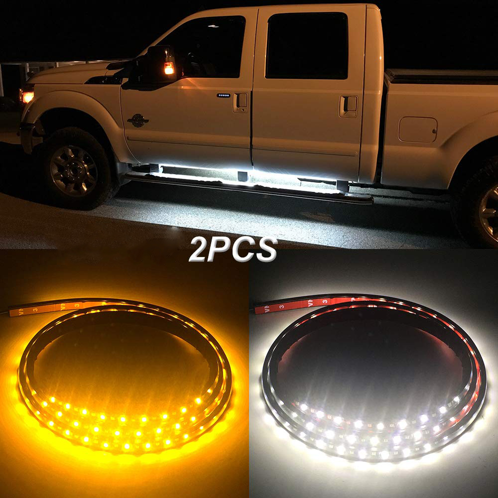 2PC 62inch Led Running Board Light Kits Side Marker Signal Strip Light White/Amber with Band Fuse Courtesy Lights 7